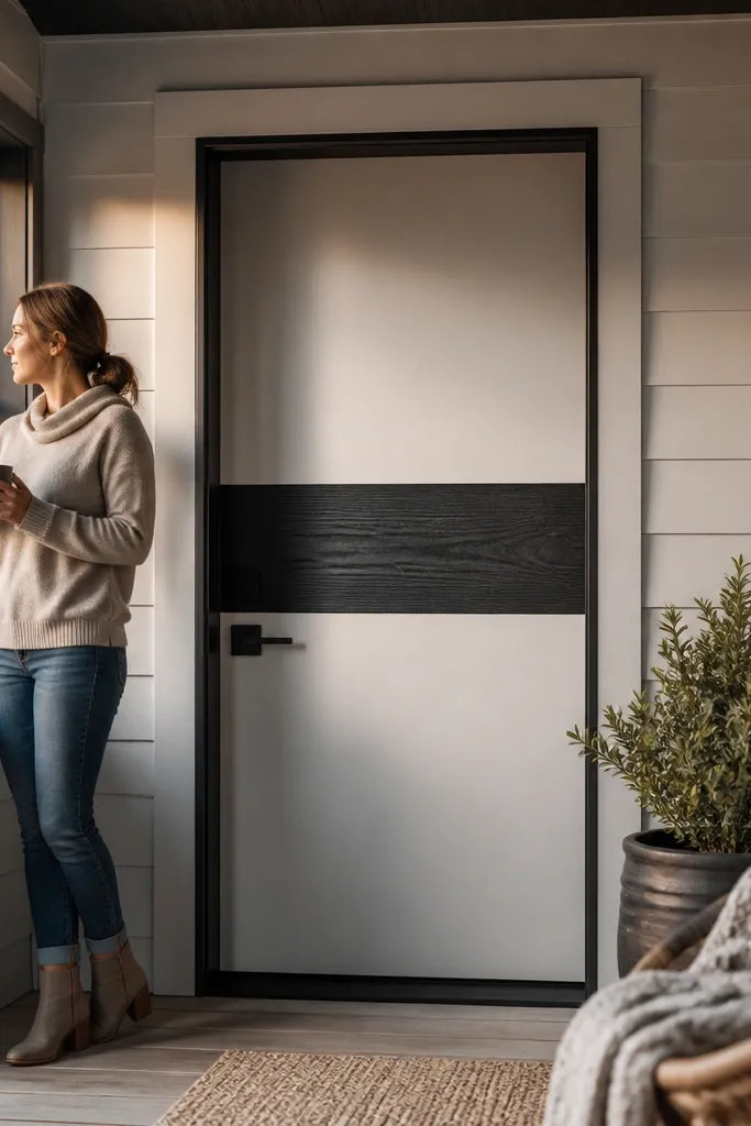 Door with a black shiplap band across the middle and warm wood trim