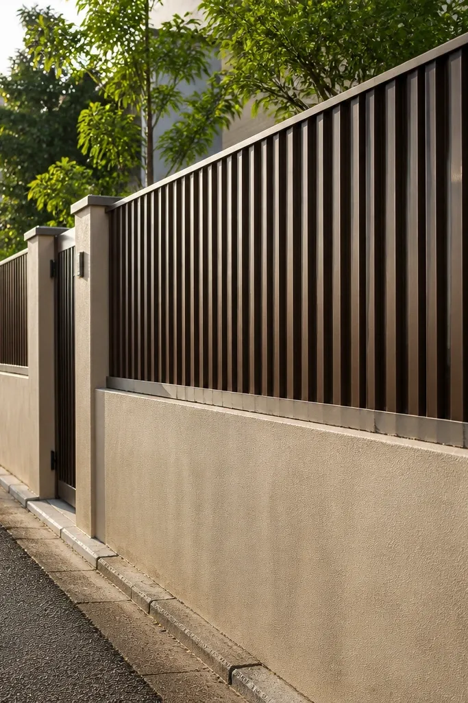 Light gray wall base with dark vertical metal slats on top and a matching gate pillar cap.