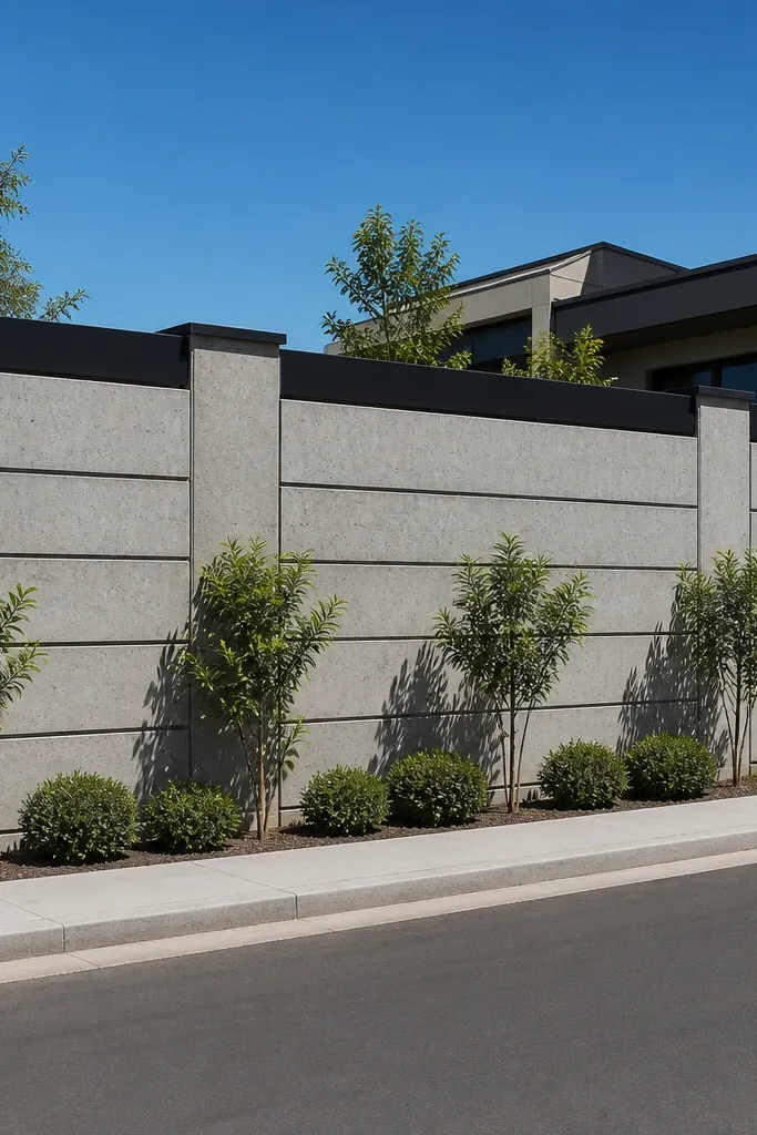 Staggered rectangular concrete panels on a light wall with a dark top cap and matching gate pillars.