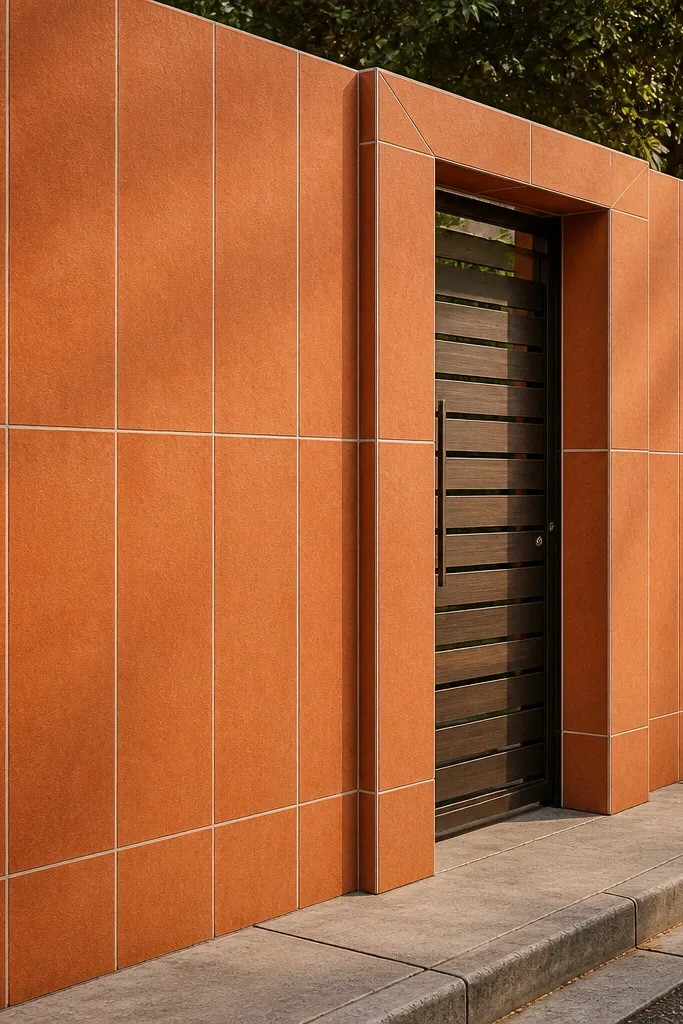 Terracotta tile cladding on a compound wall with thin white grout lines and a flat white top ledge.