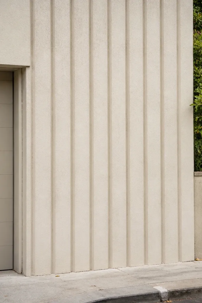 Light lime-colored wall with evenly spaced vertical grooves and a simple flat coping stone.