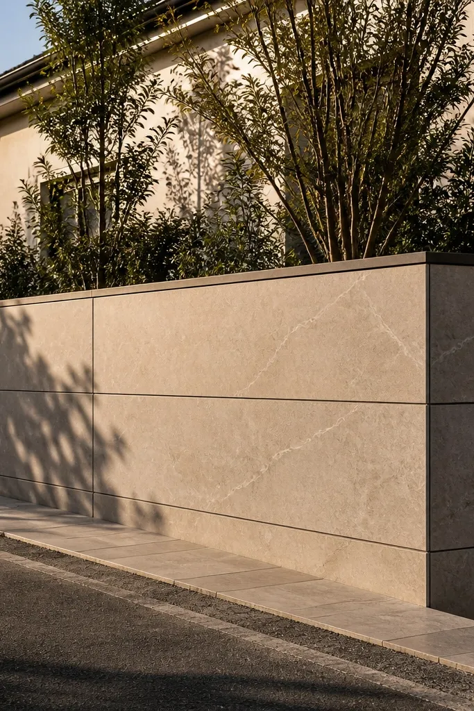 Stone-look porcelain panels arranged in vertical slabs with thin dark shadow gaps.