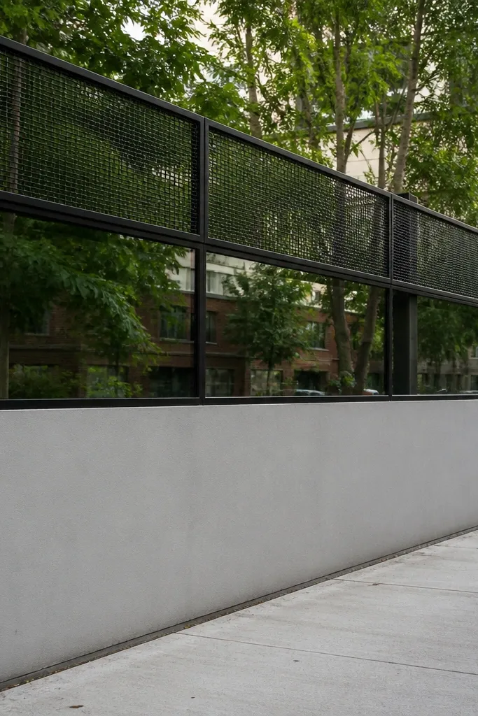 Black metal frame wall with a clear glass strip in the middle and a matching gate frame.