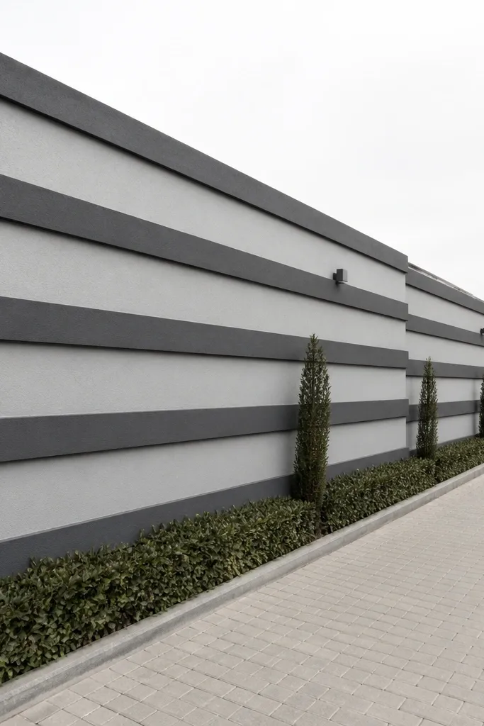 Light wall with alternating horizontal slats in gray and charcoal bands and a flat white coping.