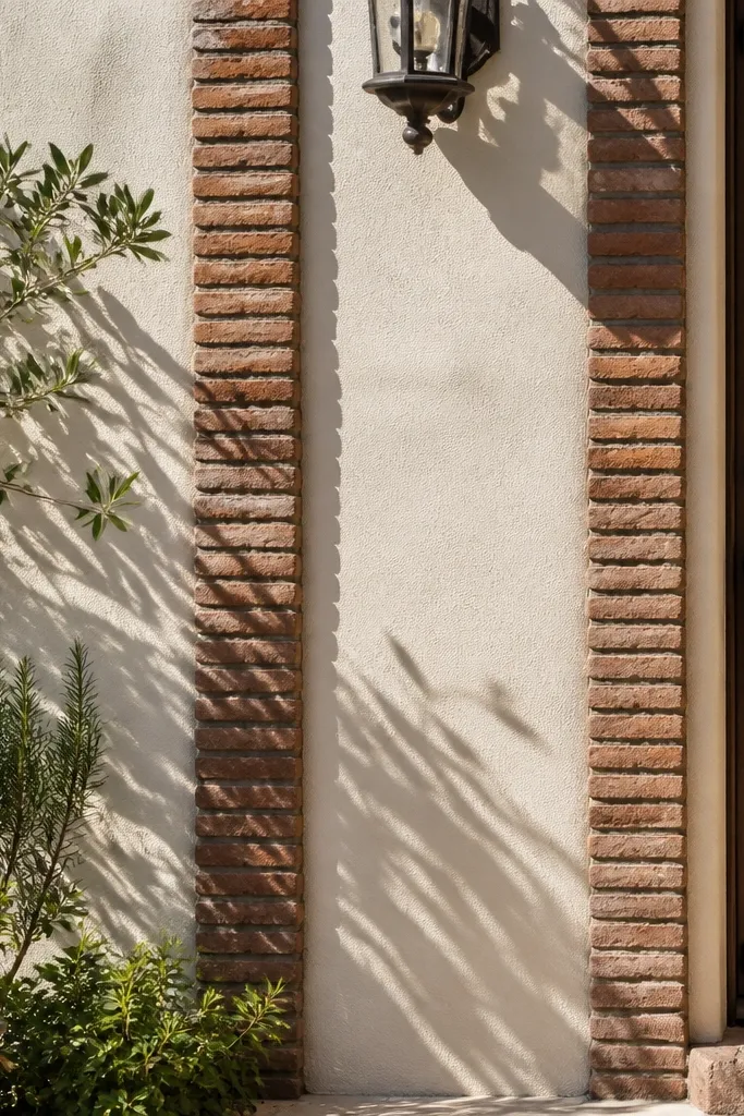 Smooth light plaster wall with vertical brick-on-edge columns and a simple stone cap.