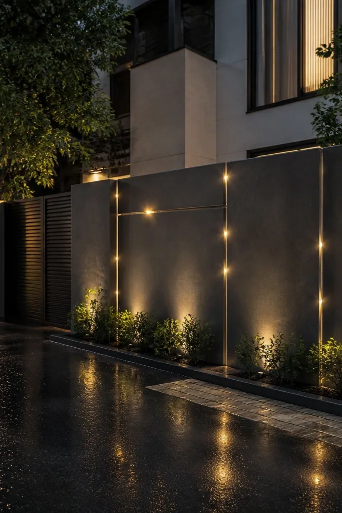 Matte gray microcement wall panels with tiny recessed LED dots along a dark base strip.