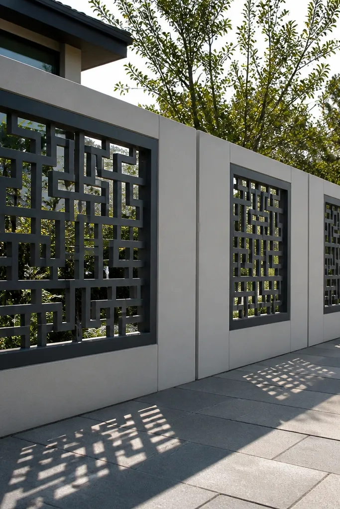 Light gray wall with geometric cutout fiber cement panels and a dark frame around shapes.