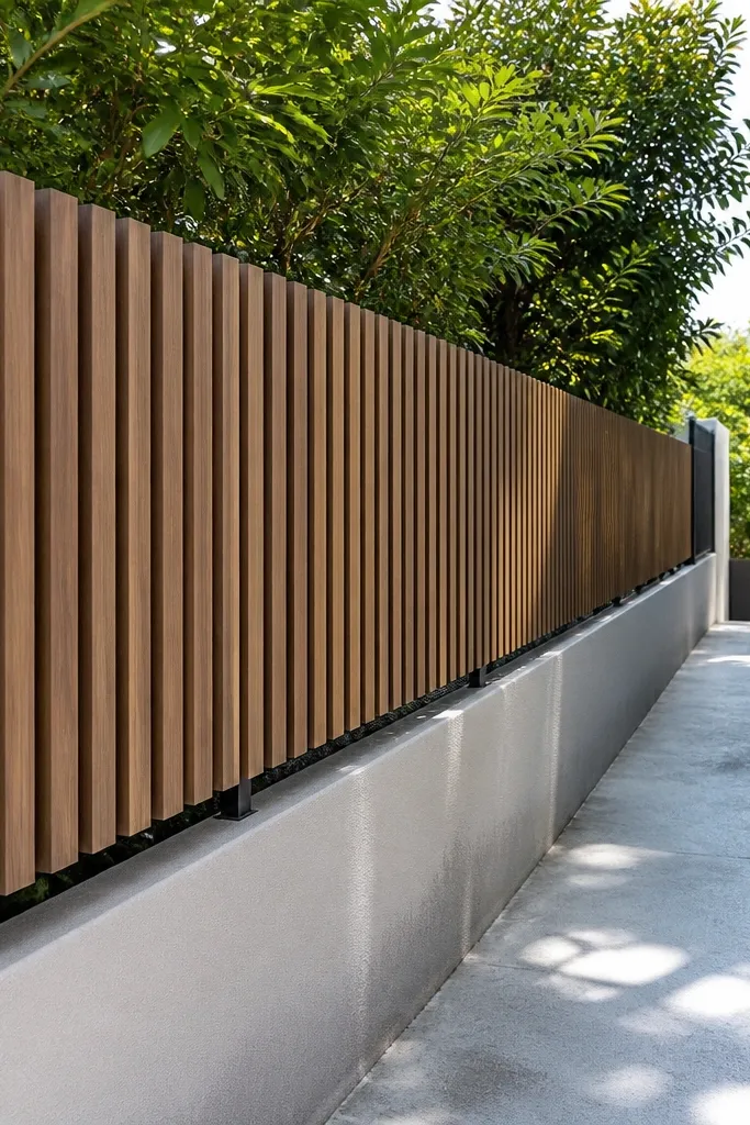 Wood-effect vertical slats on a light compound wall with dark metal supports and a straight coping line.