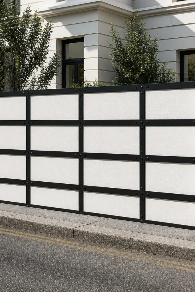 Clean white wall panels with a black grid of thin metal studs and matching black gate sections.