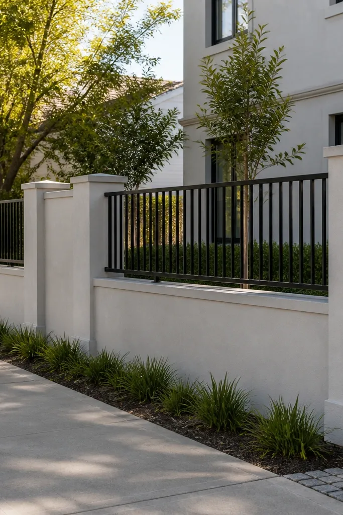 Solid gray wall base with evenly spaced baluster-style metal bars on top and a stone coping.