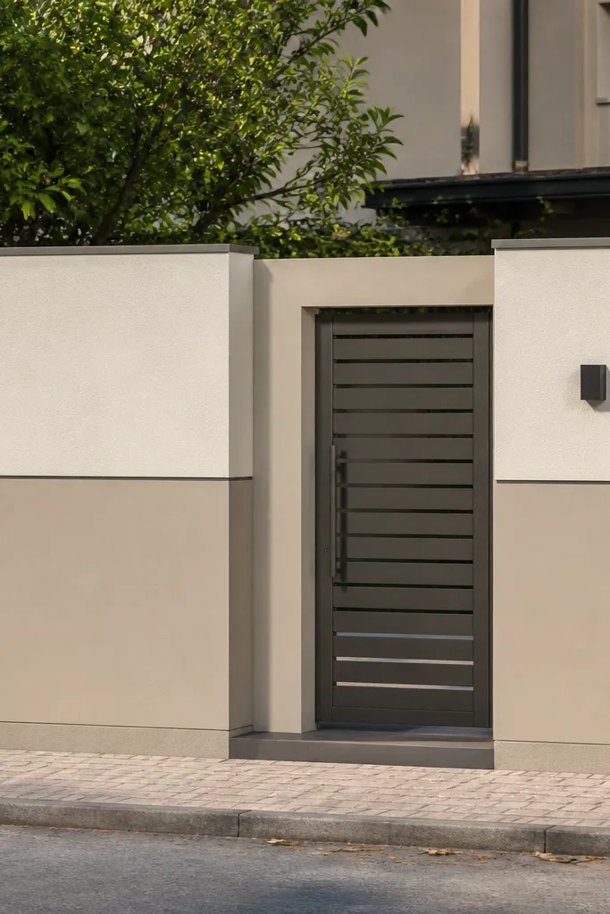 Compound wall split into two color blocks with sharp vertical edge lines and a matching gate.