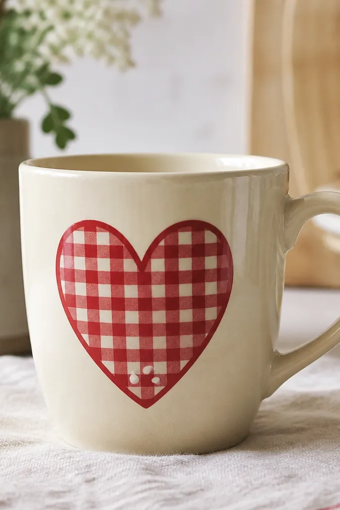 A cream mug with a large red heart centered on the front; inside the heart is a simple red-and-white gingham check pattern, with two small white dots near the bottom.