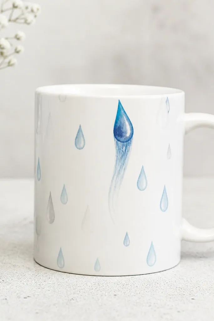A white mug with scattered semi-transparent raindrops in light blue and gray; one larger raindrop at the top has a navy shaded tail drifting downward.