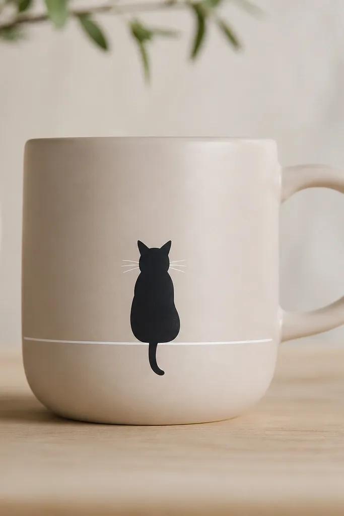 A pale mug with a single black cat silhouette sitting on a thin white line; whiskers are drawn with a fine paint pen, and the cat is centered beside the handle.