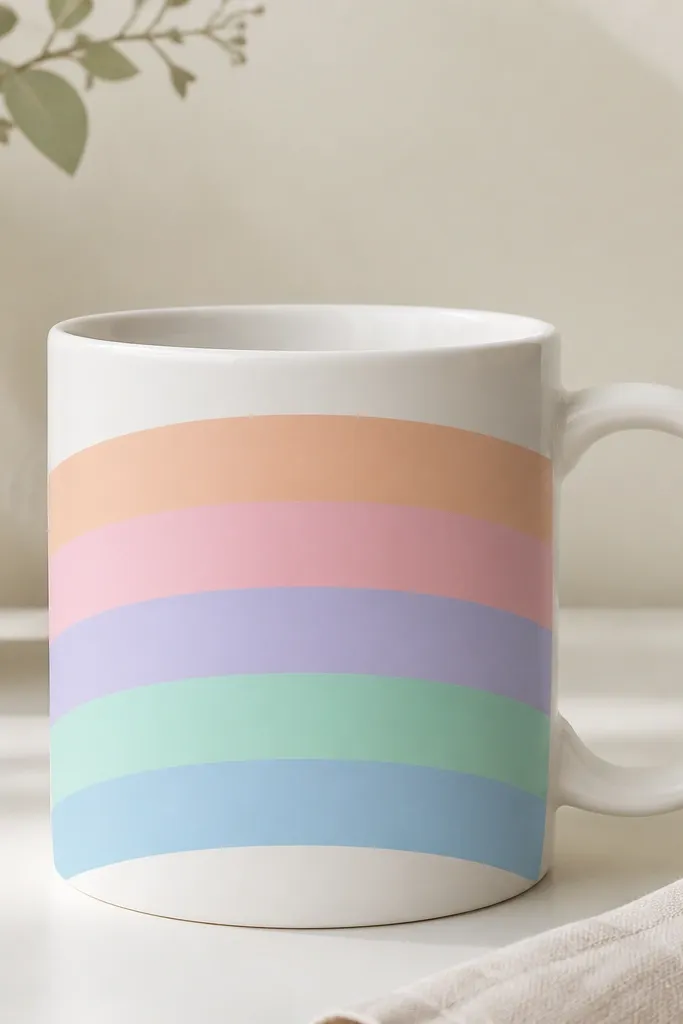A white mug with five wide curved pastel bands - peach, pink, lavender, mint, and sky blue - painted horizontally across the front, with clean edges.