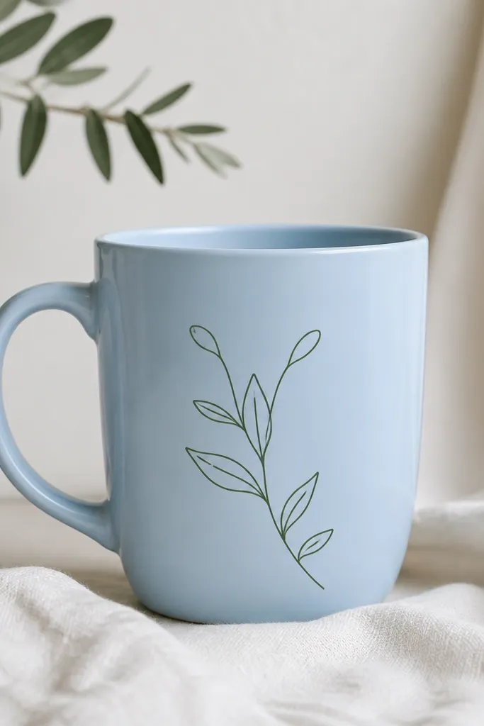 A light blue mug with a single continuous line sprig drawn in dark green; small leaf shapes and a tiny bud appear along the line, with no fill color.