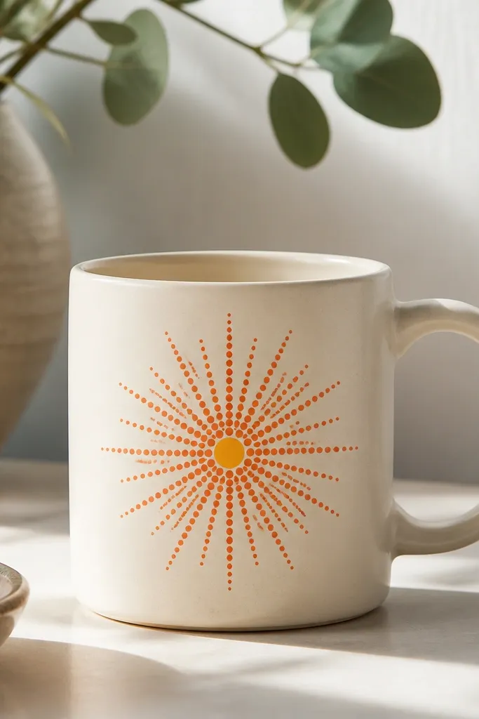 A cream mug with a bright orange starburst centered on the front; rays are made from tiny dots radiating outward, and the center is a small warm yellow circle.