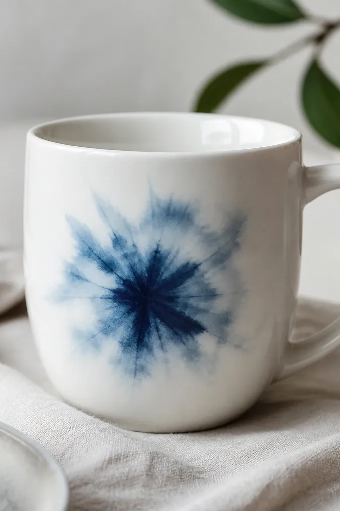 A white mug with a controlled indigo swirl on the front; the swirl has lighter indigo edges and darker streaks, like a small tie-dye bloom.