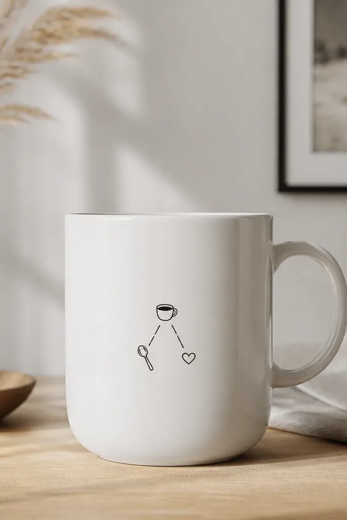 A white mug with small black icons clustered near the front: a coffee cup, a spoon, and a tiny heart; thin lines connect them like a mini sticker sheet.