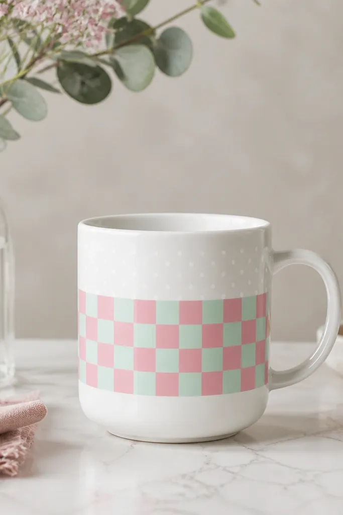 A white mug with a mid-height checkerboard band in mint and pink squares; above the band are tiny white dots, and the design is centered.
