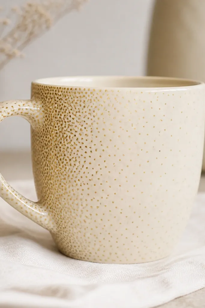 A cream mug with a dense pattern of small metallic gold dots fading from heavy near the handle to lighter toward the center; no other colors.