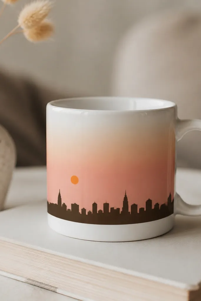 A white mug with a tiny city skyline silhouette in dark brown; above it is a sunset gradient from peach to pale pink with a small orange sun.