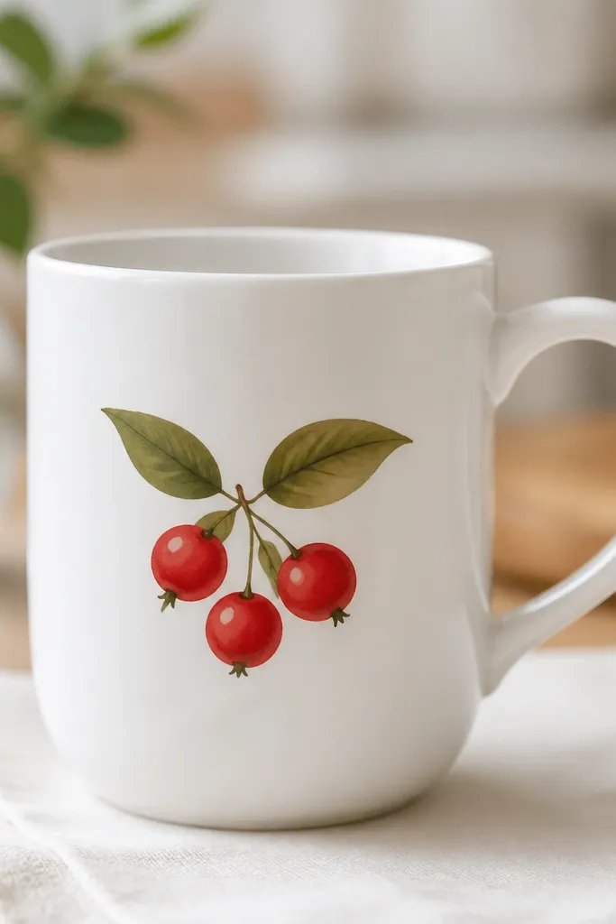 A white mug with three red berries and two green leaves on the front; berries have small white highlight spots and tiny stems.
