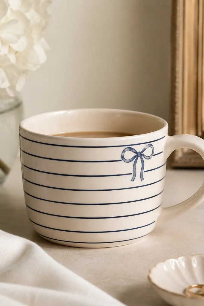 A cream mug with thin navy-and-white horizontal stripes; near the handle there is a small navy bow painted in a simple outline style.