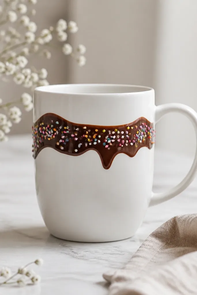 A white mug with a thick brown chocolate drizzle line across the top half; small colorful sprinkles dot along the drizzle.