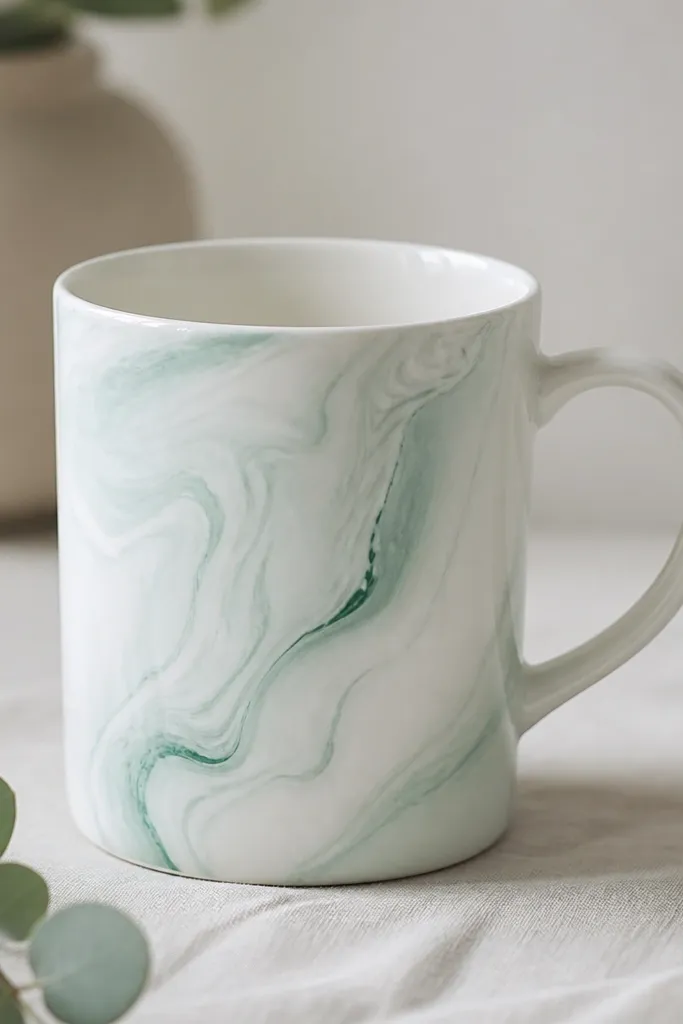 A white mug with a marbled mint swirl on the front; lighter mint streaks and a few darker mint lines create a faux marble look.