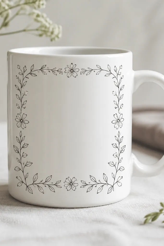 A white mug with a thin hand-drawn floral border around the edges of the front panel; the center remains blank and clean.