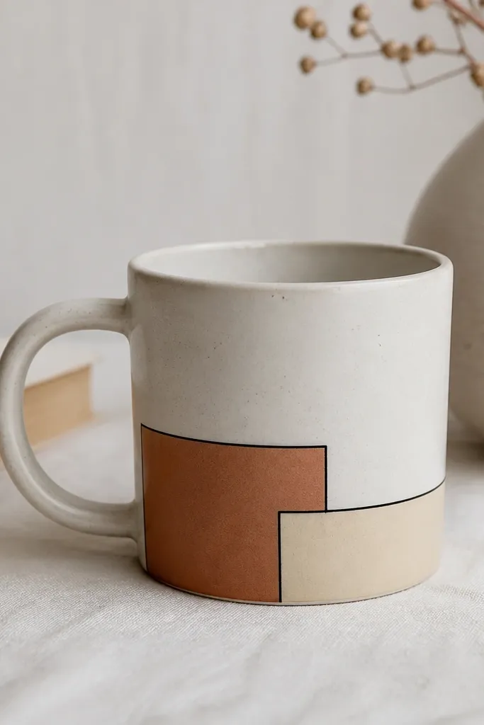 A pale mug with a corner color-block in terracotta and cream blocks; a thin black outline forms a geometric frame around the blocks.