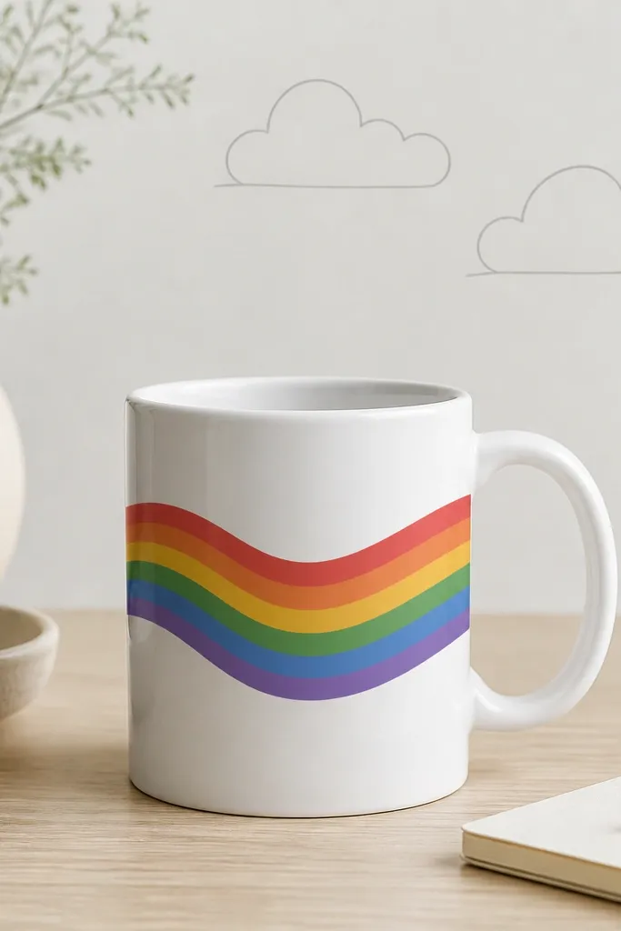 A white mug with a wavy rainbow band across the middle; above it are two simple single-line cloud drawings in light gray.