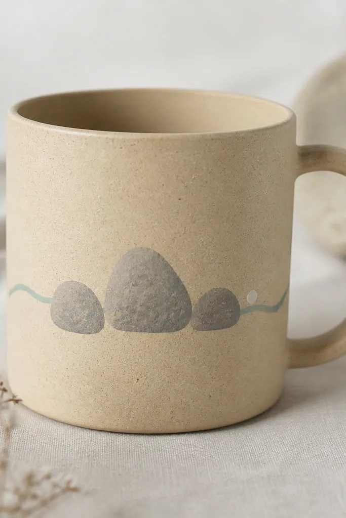 A sand-colored mug with three gray rock shapes painted on the front; behind them is a small sea-foam green wave line and a tiny white foam dot.