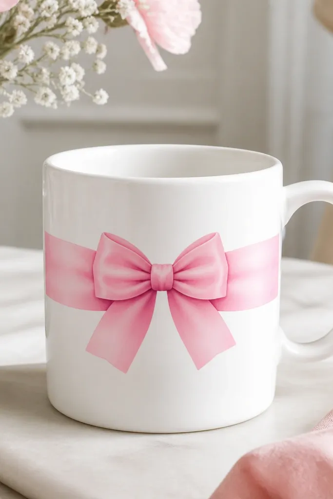 A white mug with a wide pink ribbon painted across the front; a small bow sits in the middle above the ribbon fold, with a darker pink shadow line.