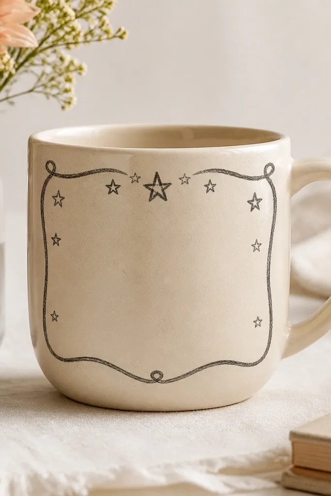 A cream mug with a hand-drawn charcoal doodle border around the front panel; small star shapes appear along the top and sides.