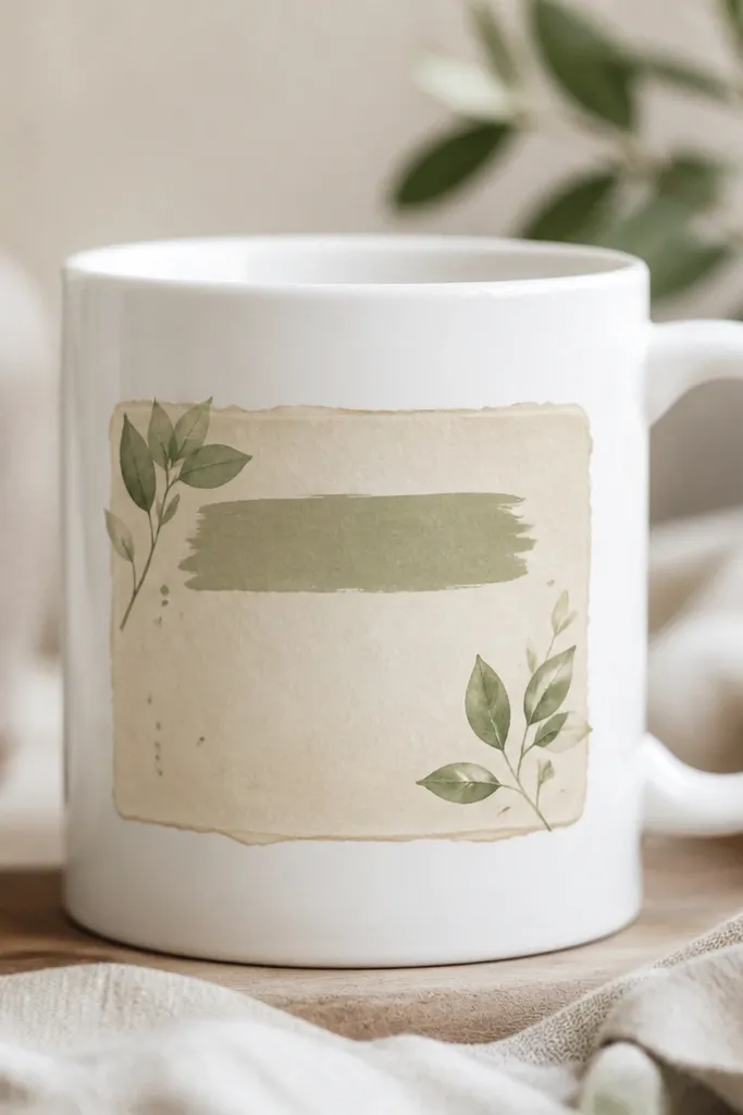 A white mug with a cream paper-like label rectangle on the front; inside are small green leaf drawings and a painted faux label strip with no real readable text.