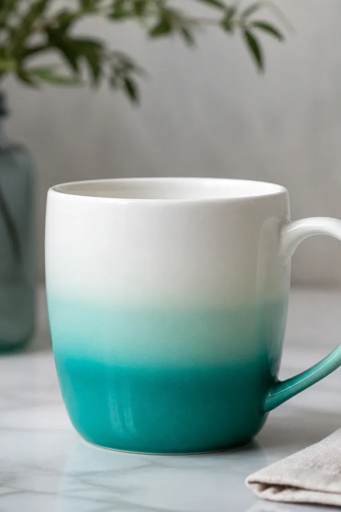 A white mug with a teal ombre gradient starting at the bottom edge and fading upward; the middle has a darker teal band that softens into light teal.