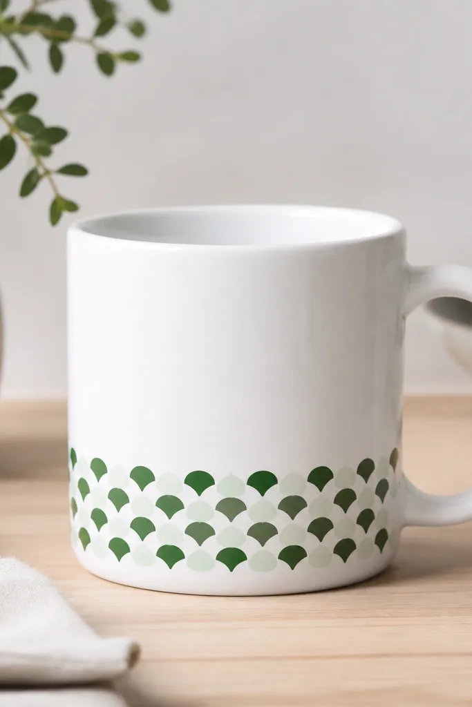 A white mug with a repeating pattern of small scale shapes in hunter green and light green; the pattern wraps along the front panel near the base.