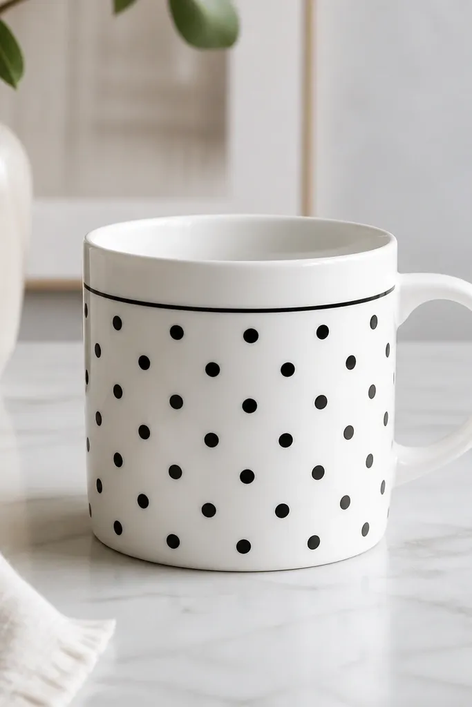A white mug with a black polka dot grid; dots are arranged in a checker-like staggered pattern, and a thin black line frames the top of the grid.