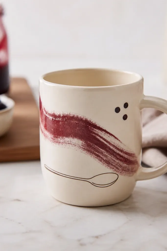 A cream mug with a maroon jam swirl across the front; a simple spoon outline runs under the swirl, and a few tiny berry dots sit near the top.