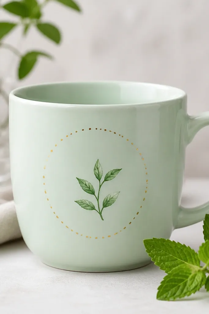 A light mint mug with a small mint-green leaf sprig on the front; around it is a thin halo of metallic gold dots forming a loose circle.