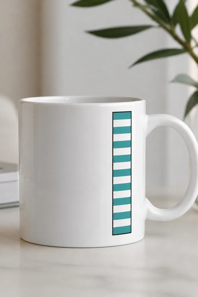 A white mug with a vertical patch near the handle: alternating teal and white stripes inside a thin black rectangle outline.
