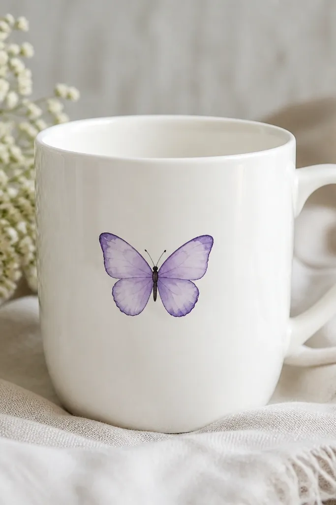A white mug with a small butterfly on the front; wings are light lavender watercolor washes with a darker purple outline and tiny black antenna dots.
