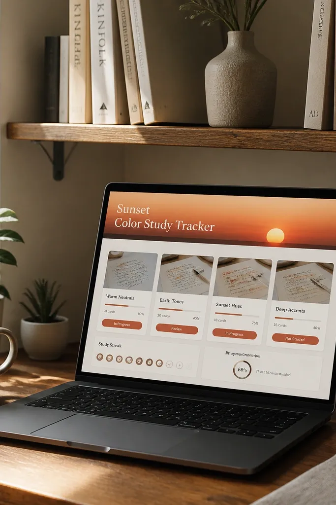 Warm orange and pink header with a card grid of study topics and statuses