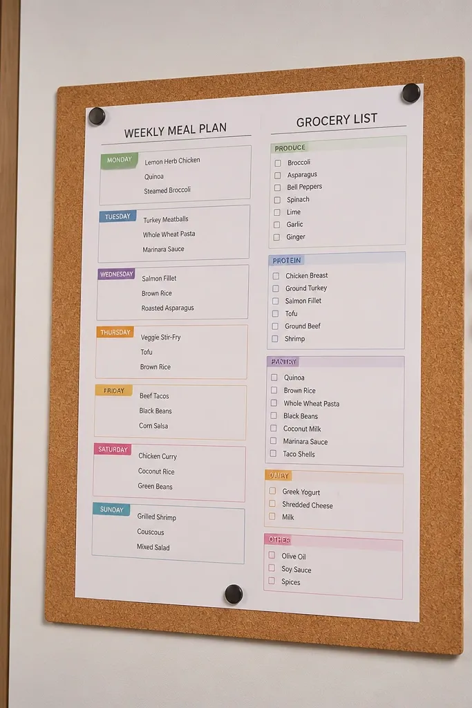 Menu board layout with a weekly strip and a separate grocery list panel