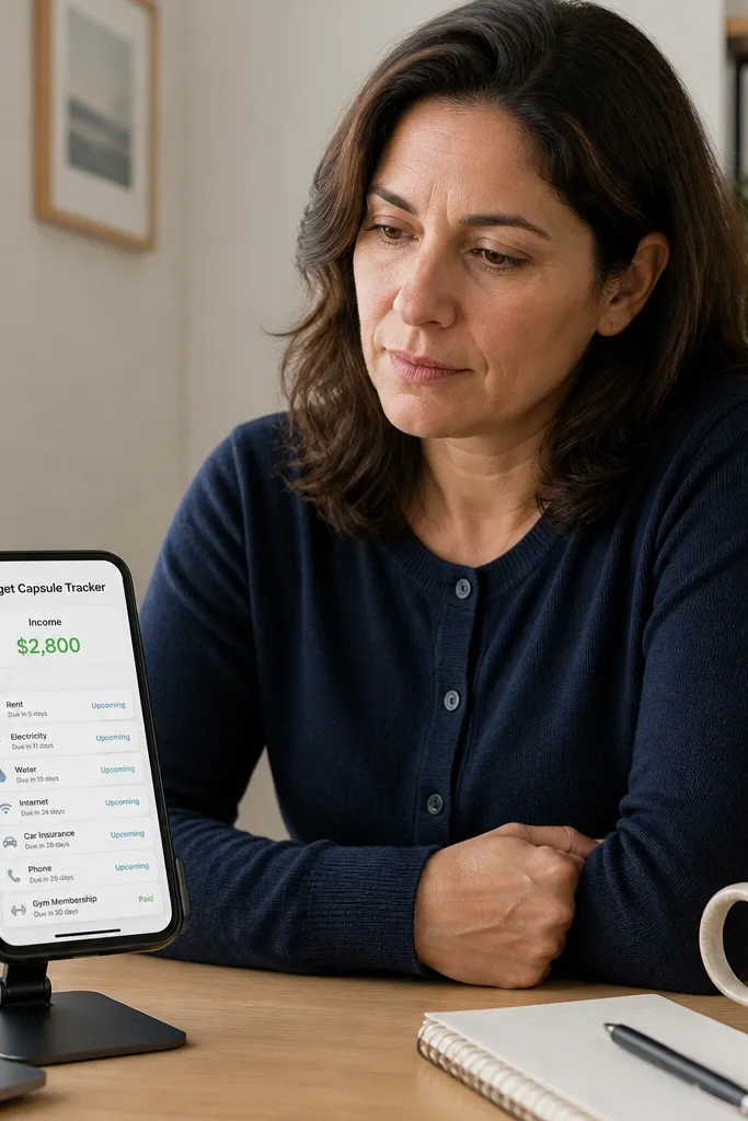 Small budget page with a single income number and card list of bills