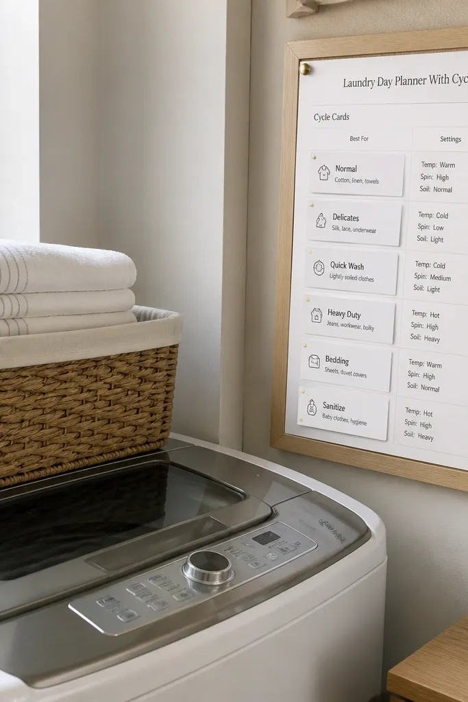Cards labeled Whites, Darks, Towels with a small date strip
