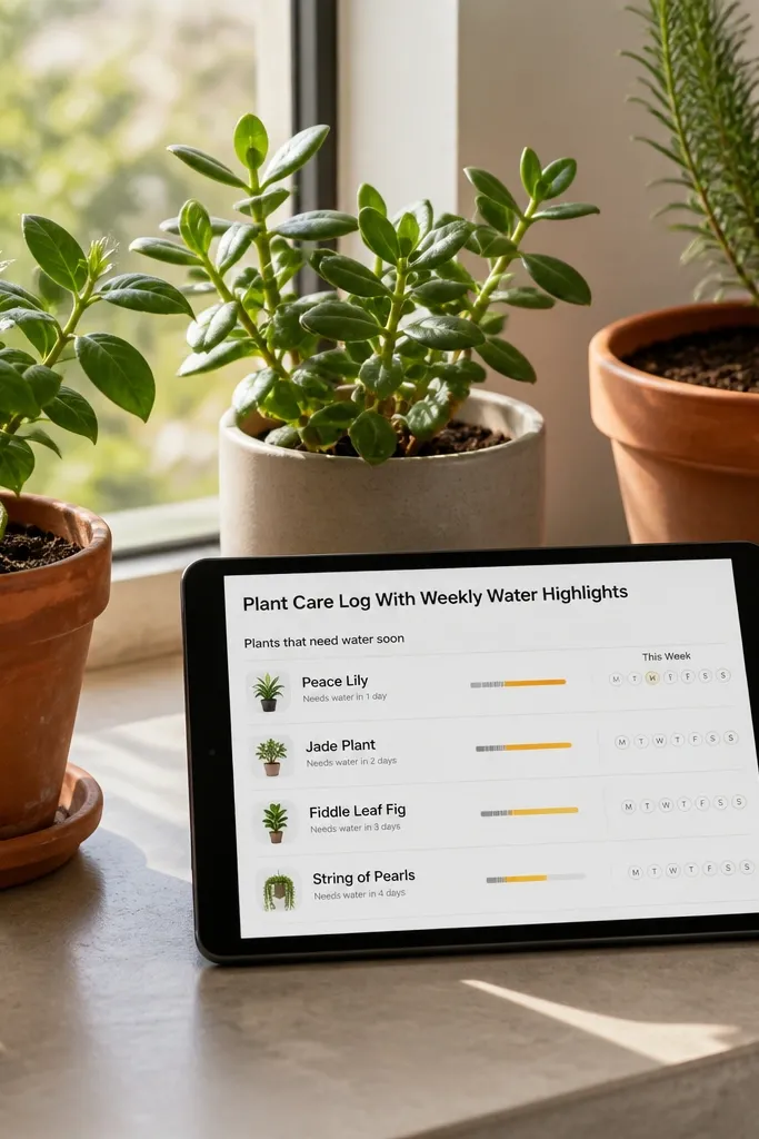 Small plant cards with watering dates and a green status highlight