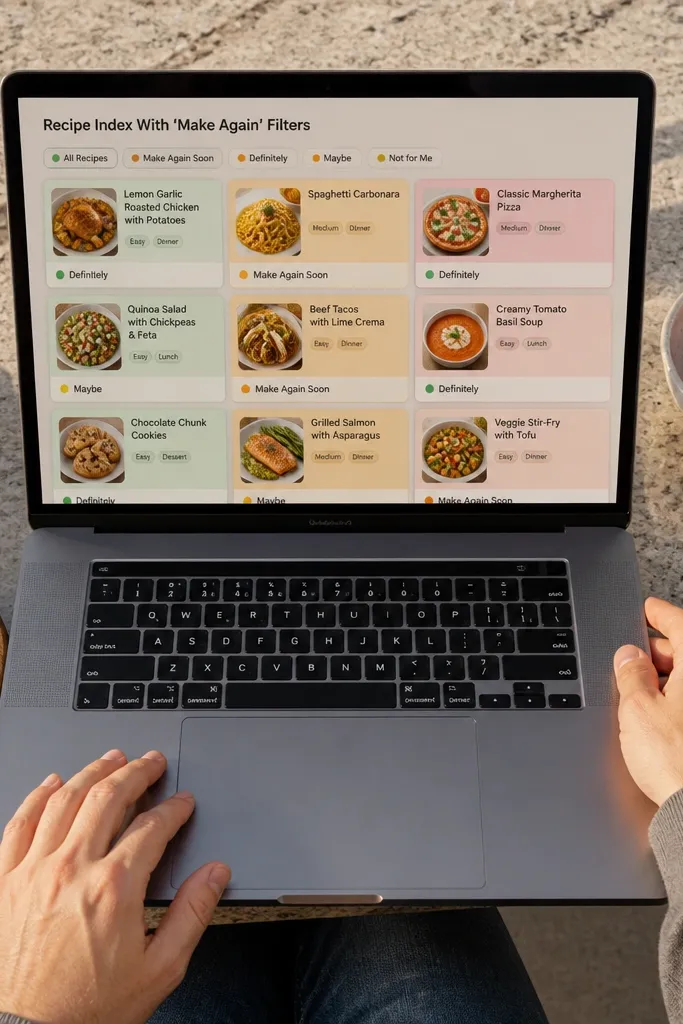 Recipe cards with tags like quick, vegetarian, and a make-again ribbon